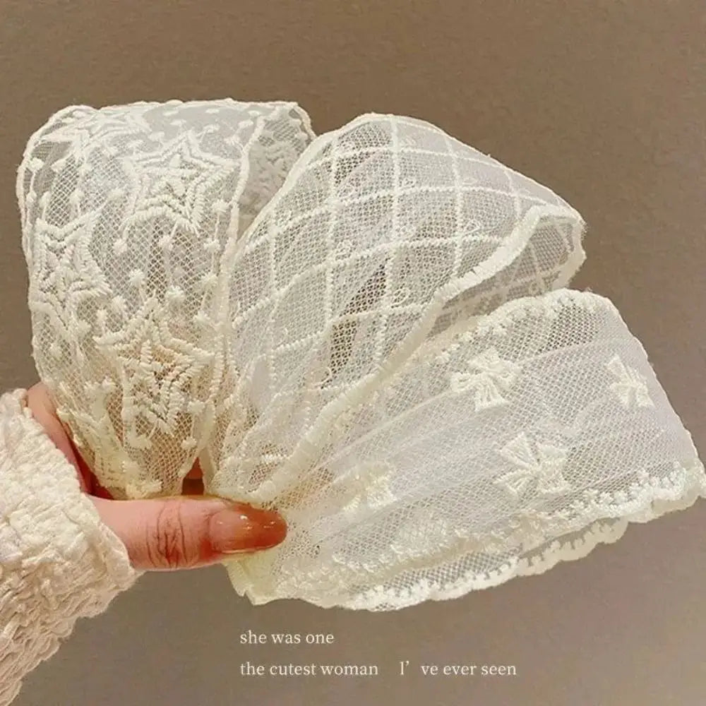 Elegant Lace Headband Mesh Wide Band Bohemian Headwrap Solid White Vue