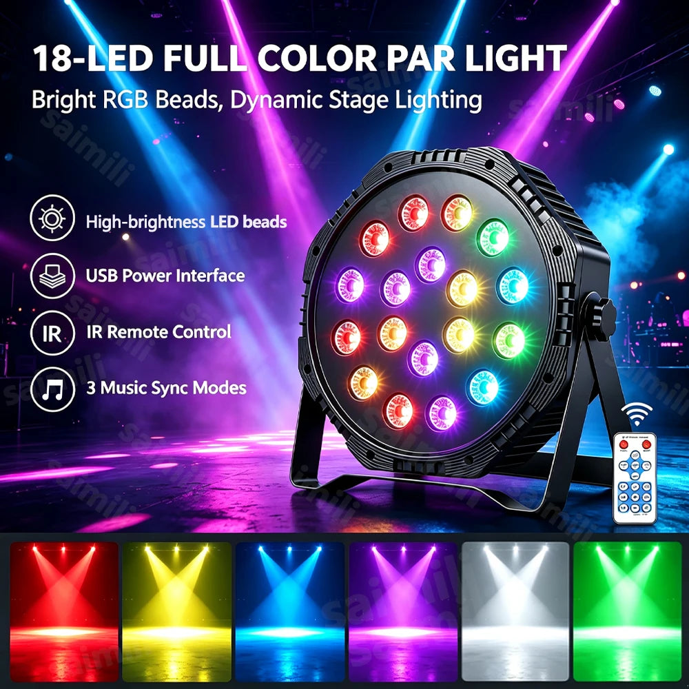 1-4PCS 18LED RGB USB Stage Par Lamp Sound Activated Remote DMX512 Control 7+ Light Modes For Party Club Disco KTV Stage Lighting Vue