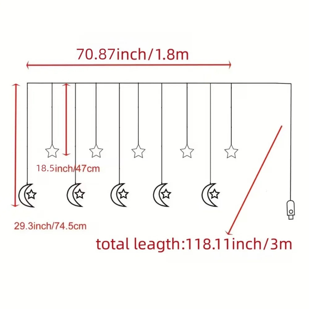 1PC 3M USB Moon&Star Curtain Light with Remote Control,8 Lighting Modes,Suitable for Room,Party and Ramadan Decoration Vue