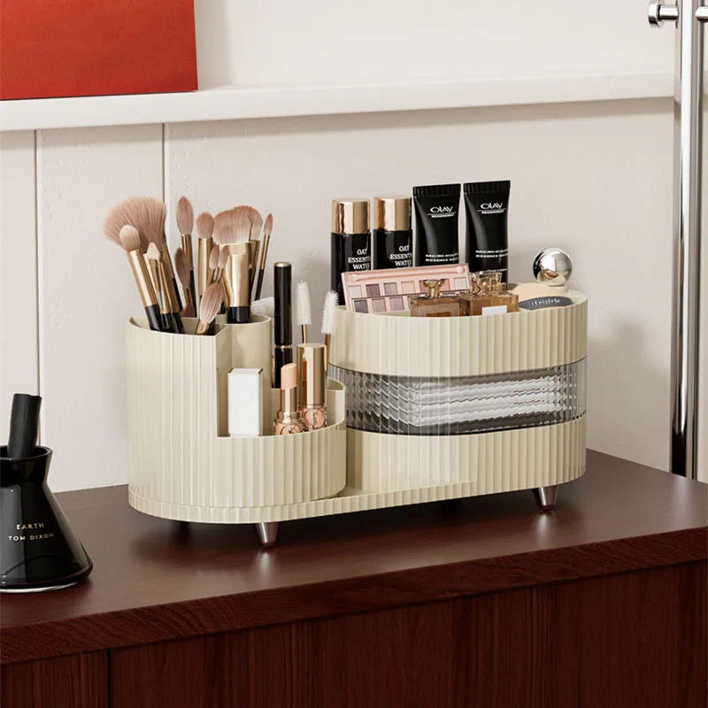360° Rotating Cosmetic Storage Box Makeup Brushes Drawer Organizer Large Capacity Skincare Eyeshadow Lipstick Compartment Shelf Vue