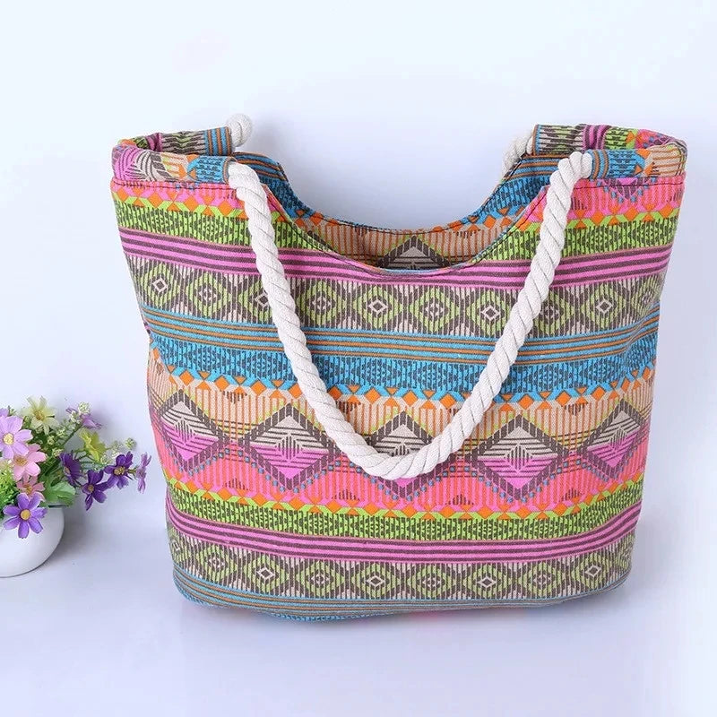 Casual Summer Beach Women Bag Lunch Fashion Canvas Striped Handbags