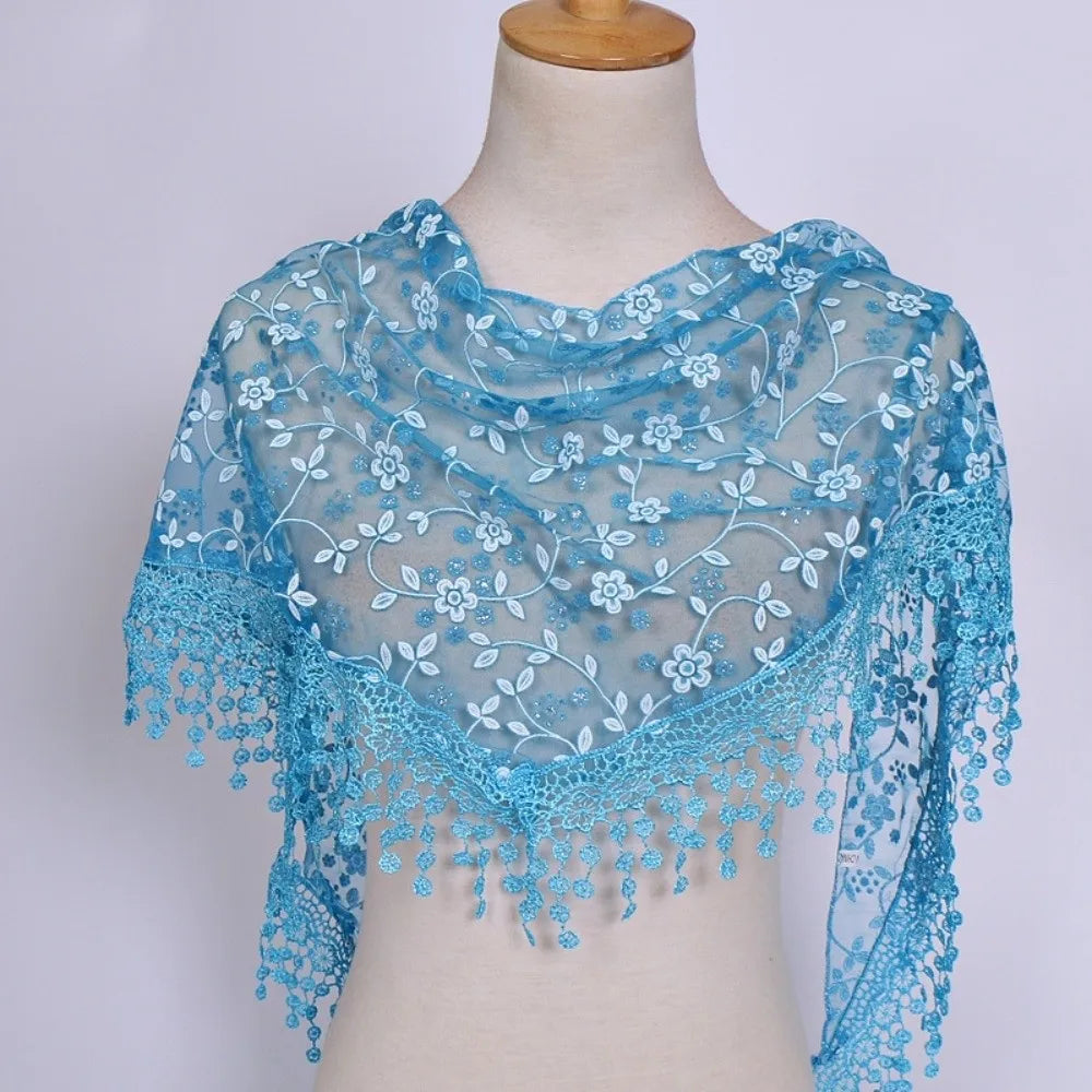 Floral Embroidered Lace Triangle Waist Scarf Hollow Hip Shape Out Vue Sky Blue