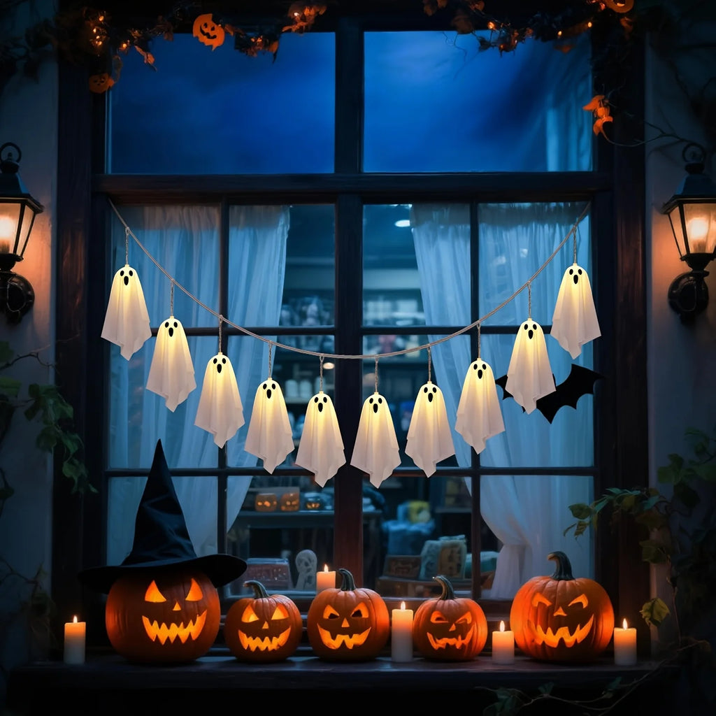 Spooky Ghost LED Garland String Lights, Halloween Hanging Fabric Decor Lights for Mantel Porch Haunted House Holiday Decoration Vue
