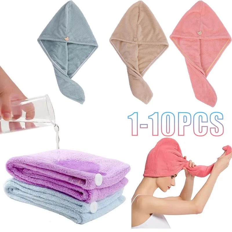 1-10PCS Coral Fleece Hair Turban Quick Dry Absorbent Shower Cap for Long Hair Women Adult Dorm Soft Lightweight Super Absorbent Vue