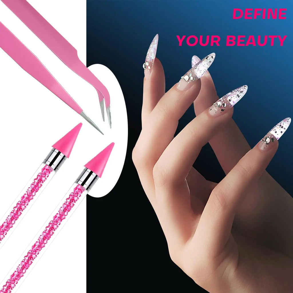 4 Pink Rhinestone Picker Tool Set 2Pcs Dual-Head Wax Pens 2 Tweezers Wax Pencil for Nail Art Crystal Diamond Pickup Vue