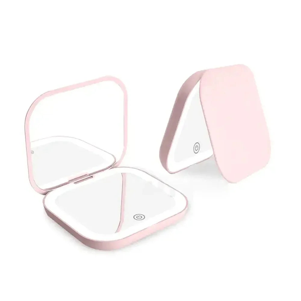 Compact Small Mini Gift Vanity Table Folding Led Lights Portable Hand Held Pocket Makeup Mirror 2X magnifying Vue