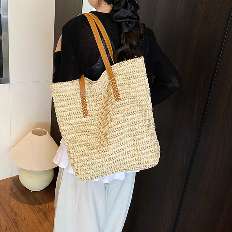 Women Top-handle Bags Straw Summer Beach Bucket Bag Woven Tote Purse