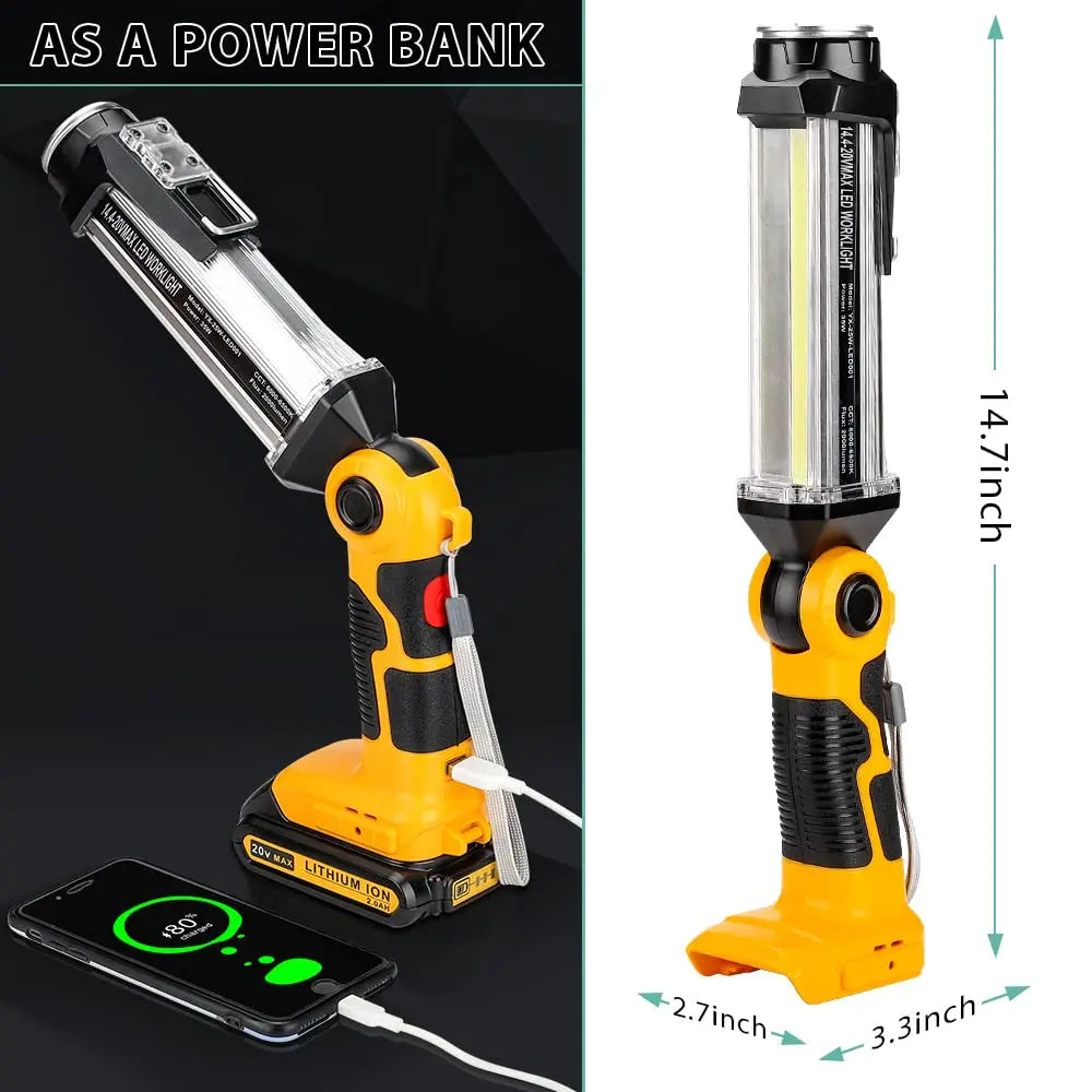 35W LED Work Flashlight Portable Light for Dewalt 20V Batteries for Use on Automotive Repair Job Sites and During Power Outages Vue