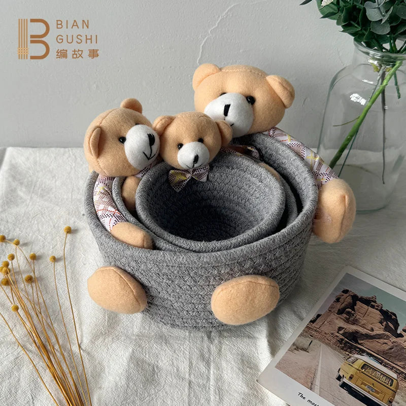 Cute Cartoon Bear And Bunny Cotton Rope Storage Basket For Hair Clips Jewelry And Sundries Table Decor For Kids Girls Easter Vue A2 3pcs