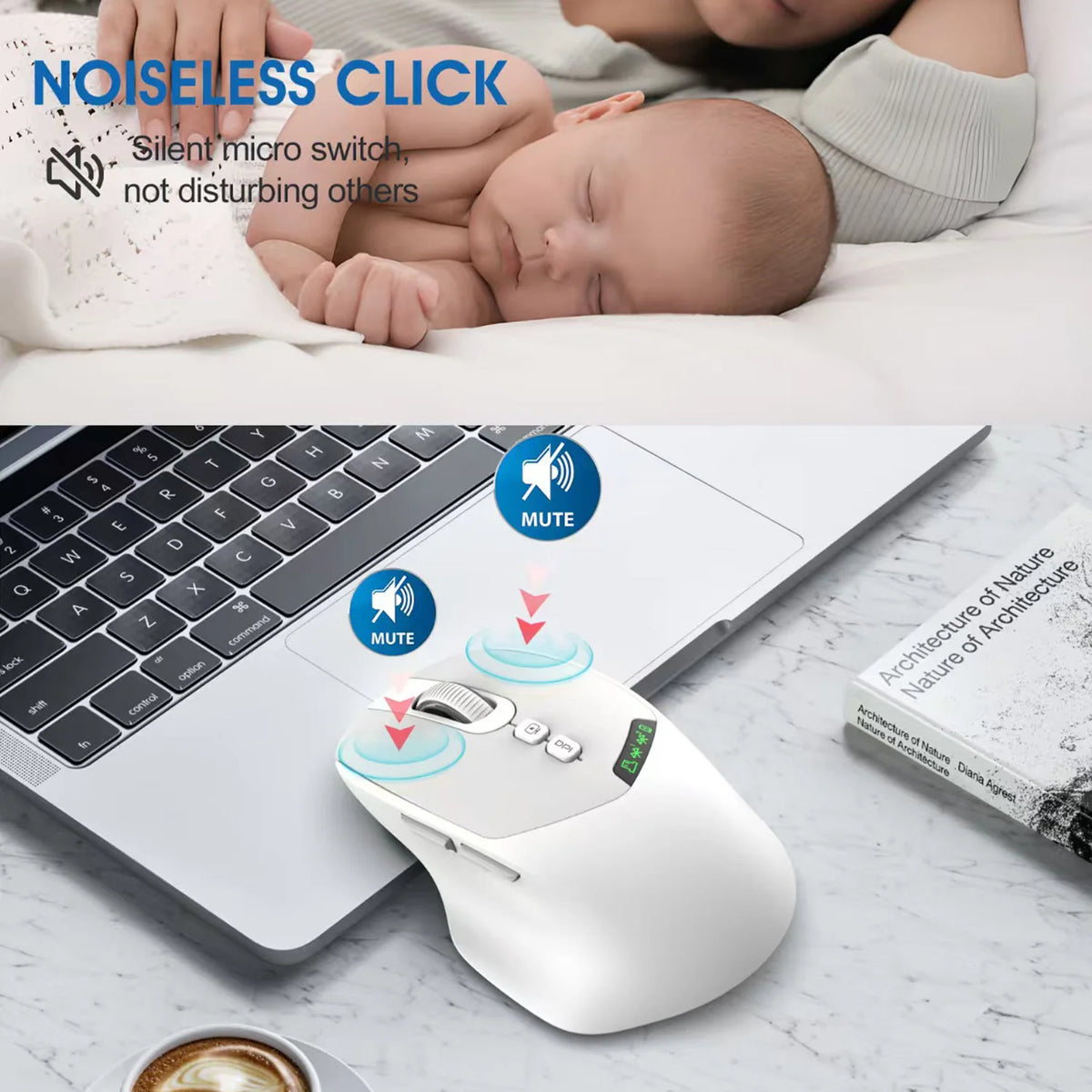 Noiseless Dual Mode Wireless Mouse Bluetooth 5.0 & 2.4G Silent Click Noiseless 500mAh Rechargeable Battery Display for Laptops Vue