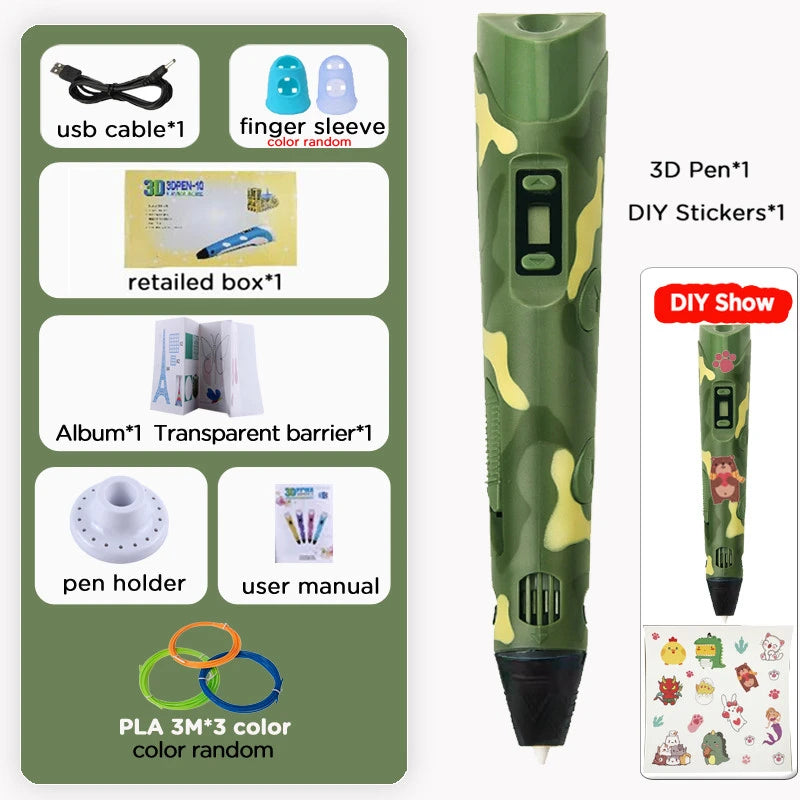 3D Printing Pen Kids PLA 40 Colors 1.75mm PLA Filaments Children 3D Doodle Pen DIY Drawing Pens Boys Girls Birthday Gifts Vue camo pen add 9M PLA Filagment