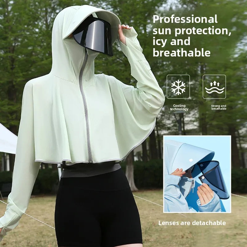 Ice Silk Hooded Sun Protection for Women Brim UV Blocking Breathable Cooling Outdoor Cycling Travel Casual Daily Cover Up Vue Light Green B