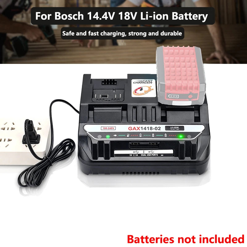 Portable Dual-Charger Lithium Battery Fast Charger for Bosch 18V Lithium Battery Power Tool Battery Charger with Dual USB Ports Vue