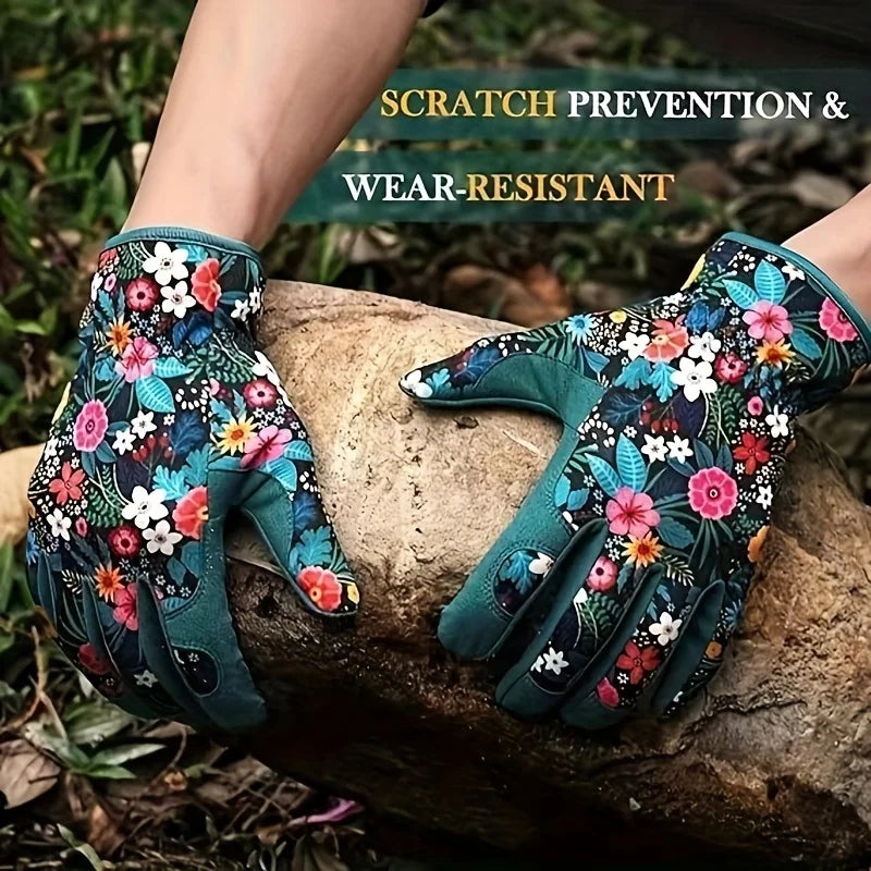 Floral Print Polyester Garden Gloves Breathable Ambidextrous Work