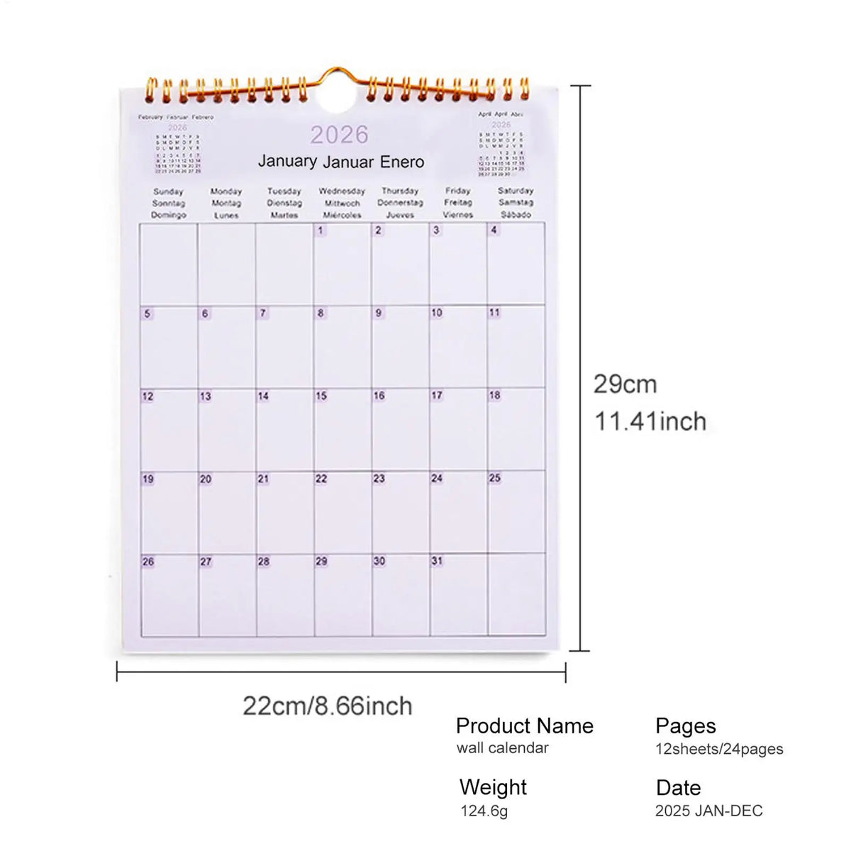 2026 Wall Calendar 12-Month Multilingual Coil Planner Modern Decorative Planner for Home, Office, School & Dorm Room Decor Vue