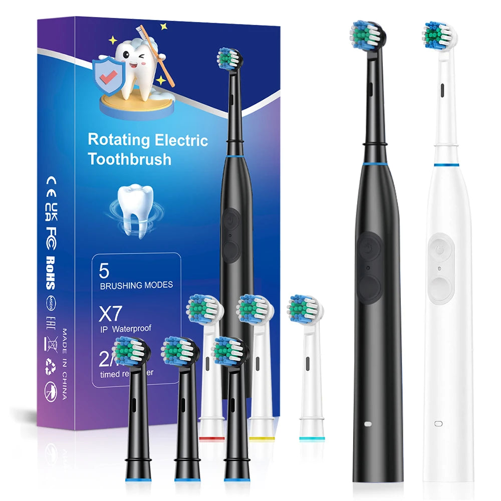 Adults Rotary Electric Toothbrush, 5 Mode Rechargeable Smart Timer IPX7 Waterproof Travel Toothbrush with 4 Replacement Heads Vue