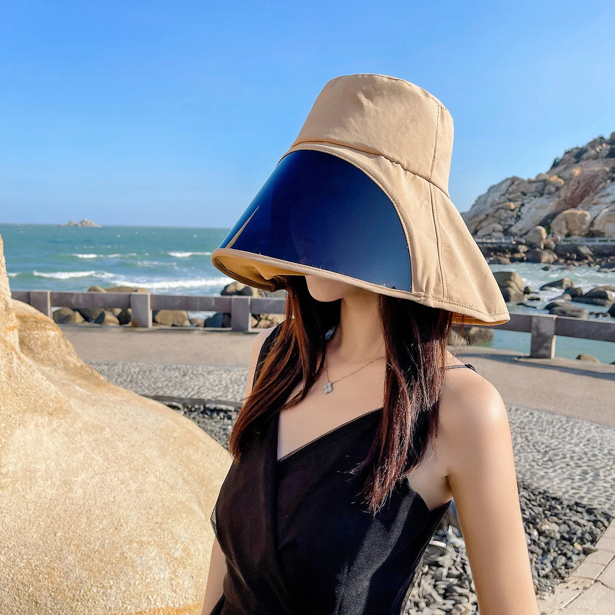Wide Brim Full Face Cover Bucket Hat for Women Summer Fashion UV Protection Sun Hat with Visor Flap Fisherman Cap Outdoor Vue Khaki M 56-58cm