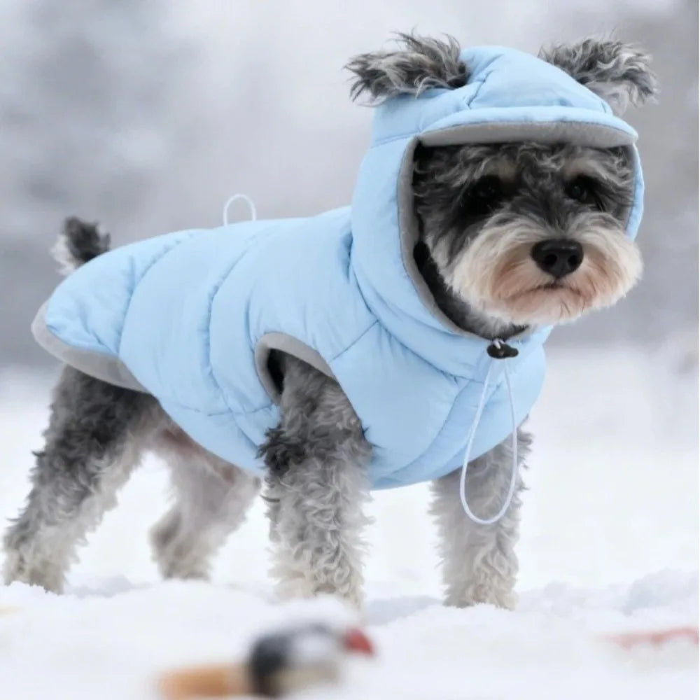 Fashion Warm Dog Down Jacket Thickened Comfortable Winter Cotton Coat Cold Protection Adjustable Dog Hood Coat Small Medium Dogs Vue Light Blue-L