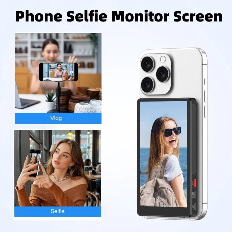 Phone Selfie Monitor Screen Wireless Magnetic Mount Vlog Phone Rear Camera Selfie WiFi Bluetooth Connection for Selfie Live Vue