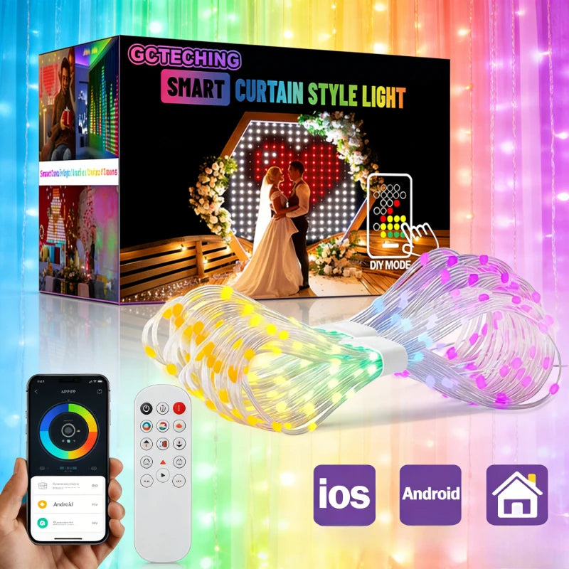 400LEDs Smart Curtain Lights, Bluetooth App RGB Fairy String Lights, DIY Music Sync LED Lights for Window Bedroom Decoration Vue