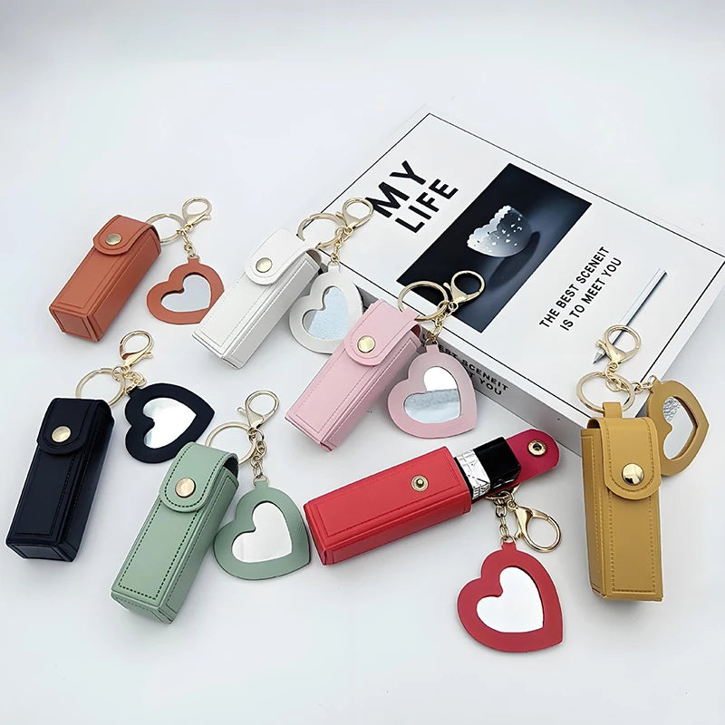 Solid Color Portable Lipstick Bags Wallet Keychain Mini Storage Bag For Women Lipsticks Protective Cover With Mini Makeup Mirror Vue