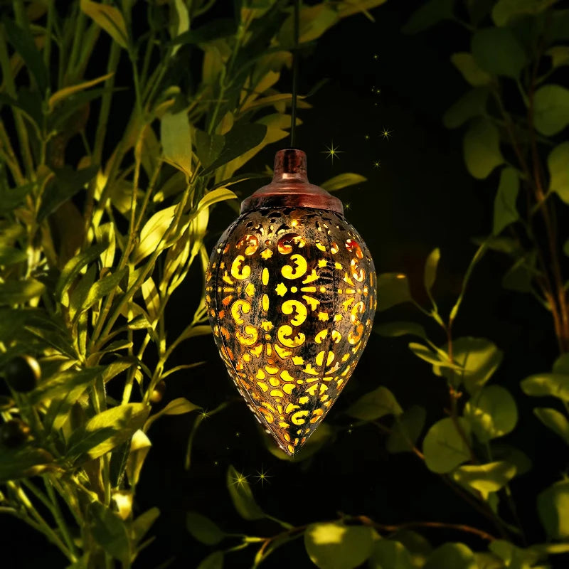 Outdoor Solar Light LED Moroccan Retro Hollow Projection Lamp Metal Waterproof Hanging Garden Light for Patio Pathway Yard Porch Vue