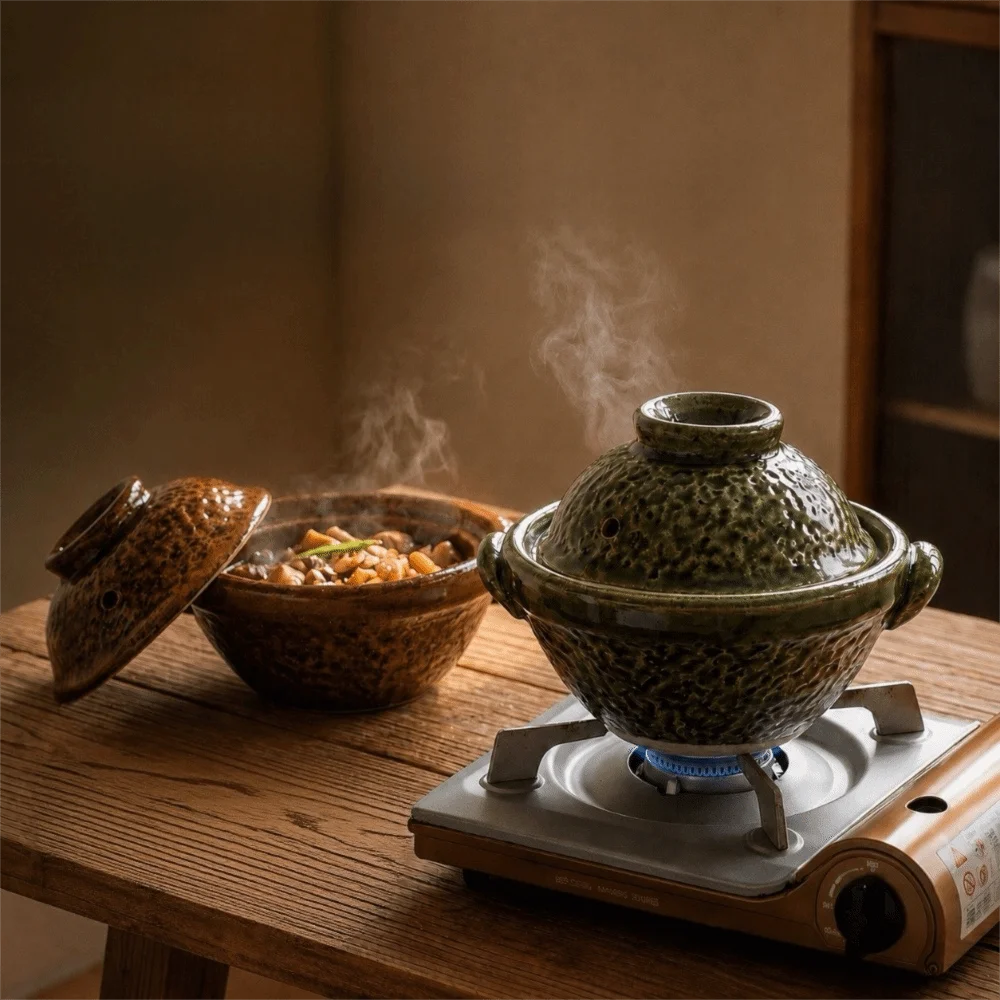 Durable Pottery Double-Handled Casserole Pot Double-layered Glaze with Lid Porridge Pot Vintage Rustic Style Clay Pot Restaurant Vue
