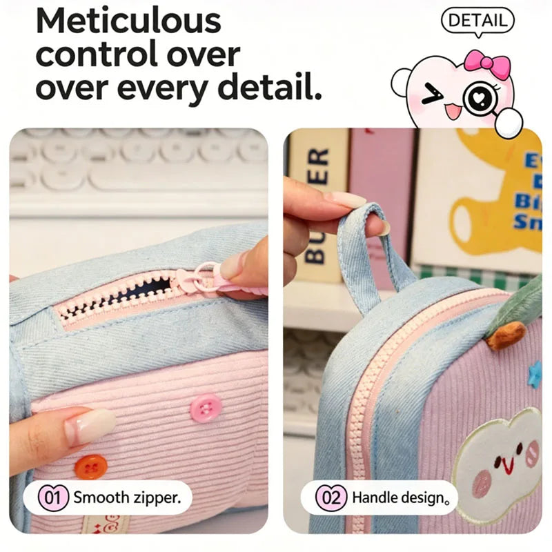 Kawaii Stand-Up Makeup Brush Storage Bag Large Capacity Animal Embroidery Denim Corduroy Cosmetic Tools Organizer with Dividers Vue