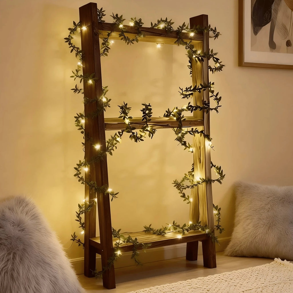Minimalist Delicate Green Leaf LED String Lights, Slim Vine Fairy Lights for Shelf Wall Bedroom Boho Home Decor Vue Warm White 7M50LED No plug