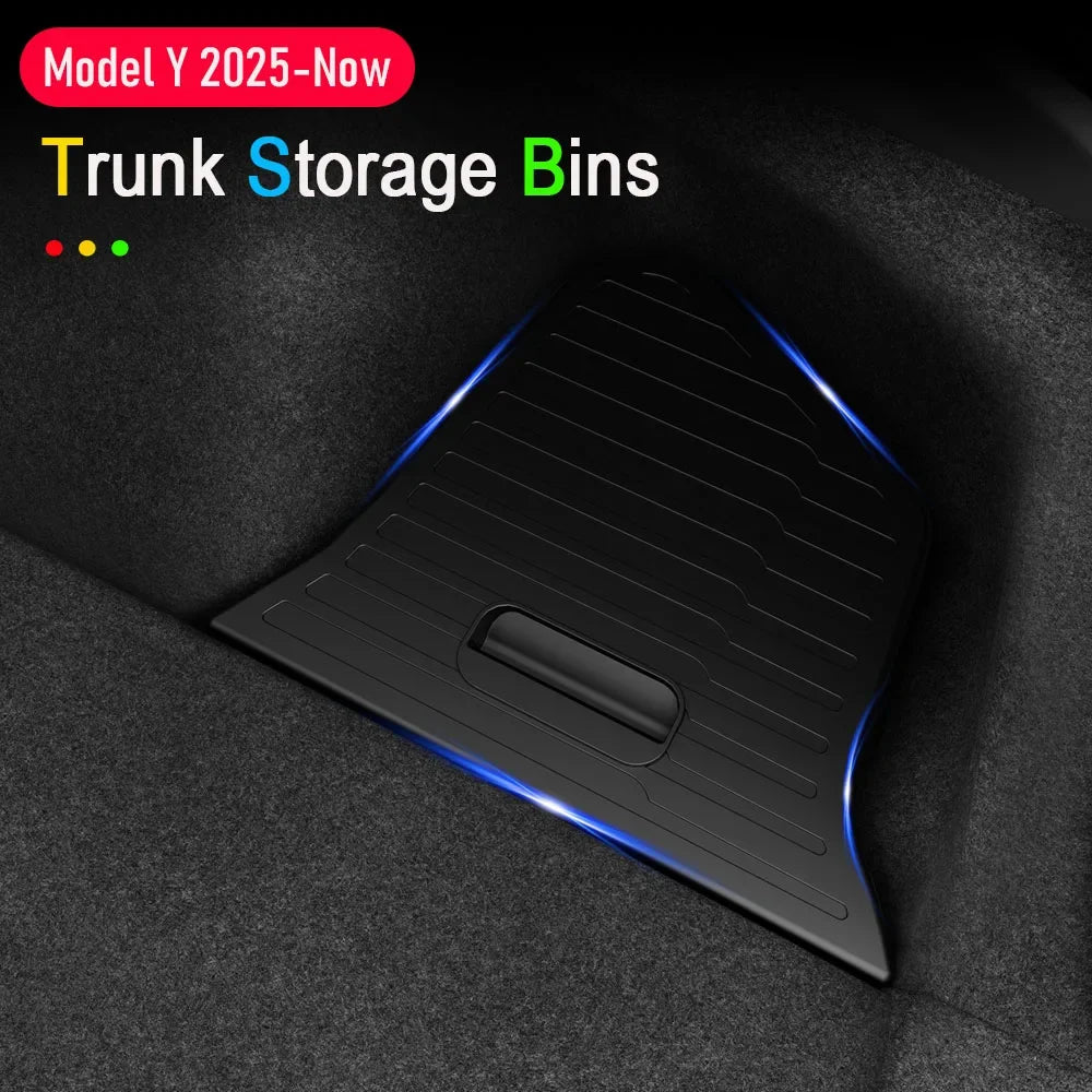 For Tesla Model Y Juniper Trunk Organizer Side Storage Box Bin Organizer Flocked TPE Mat Anti-dirty 2025 2026 Travel Accessories Vue
