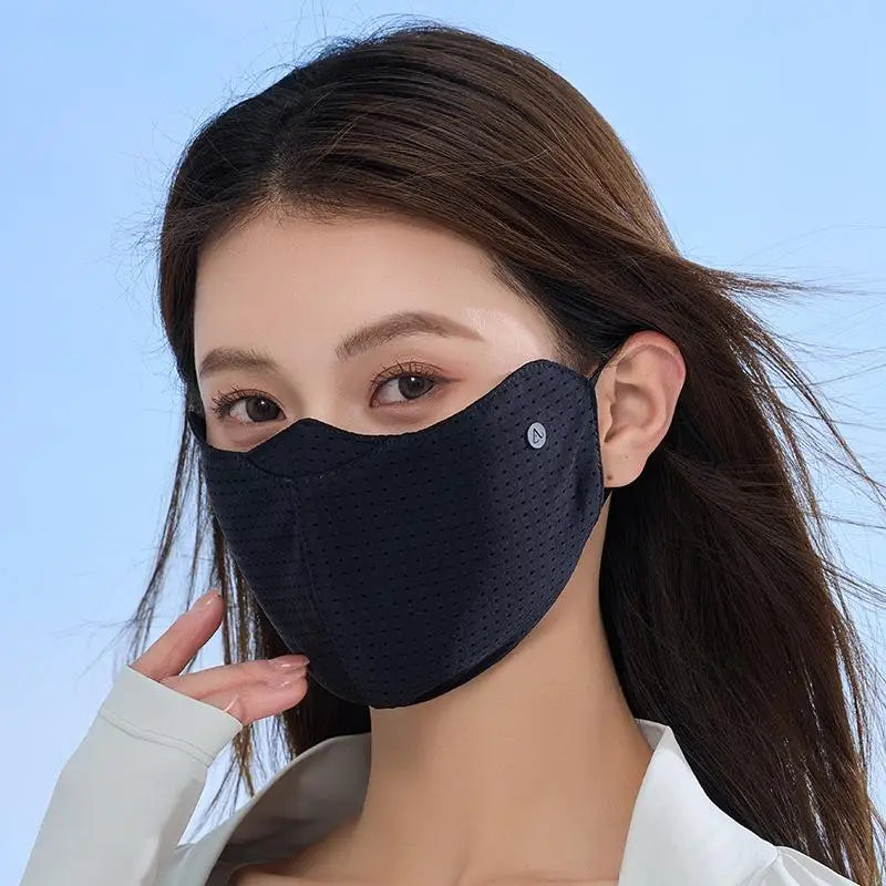 Solid Color Breathable Ice Silk Mask Washable Anti-UV Anti-sun Mask Dustproof Mesh Face Cover Scarf Outdoor Sports Mask Vue Black