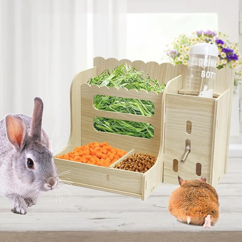 2 in 1 Rabbit Hay Feeder Detachable with Bottle Wooden Grass Dispenser Bite Resistant Guinea Pig Feeder Cage Accessories Vue