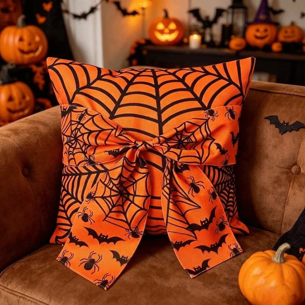 Gothic Style Halloween Ghost Pillowcase Washable Wear Resistant Spider Web Cushion Cover Comfortable Soft Square Pillow Covers Vue Orange