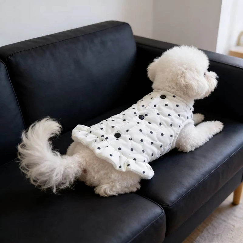 Small Dog Polka Dot Fleece Dress Cute Ruffle Warm Puppy Outfit For Bichon Teddy Pomeranian Cozy Autumn Winter Halloween Photo Vue