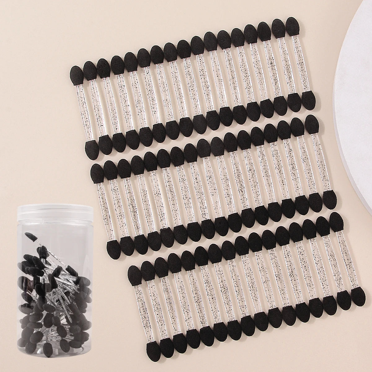 50PCS Double-Headed Sponge Eyeshadow Brush, Multi-Functional Applicator and Smudger +1PCS Transparent Storage Jar Makeup Tool Vue