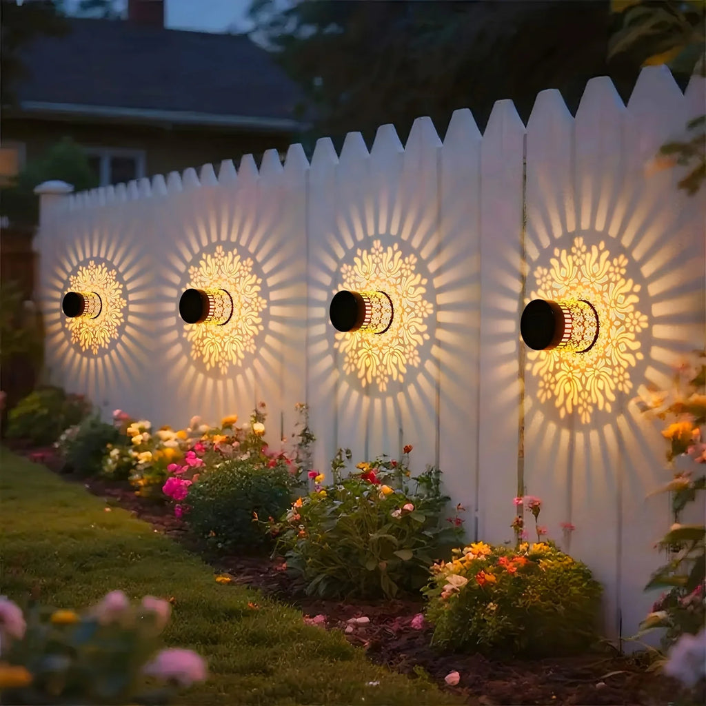 Solar Dusk To Dawn Sensor Wall Light Projector Flower Pattern IP65 Waterproof Outdoor Lamp for Balcony Courtyard Villa Door Vue