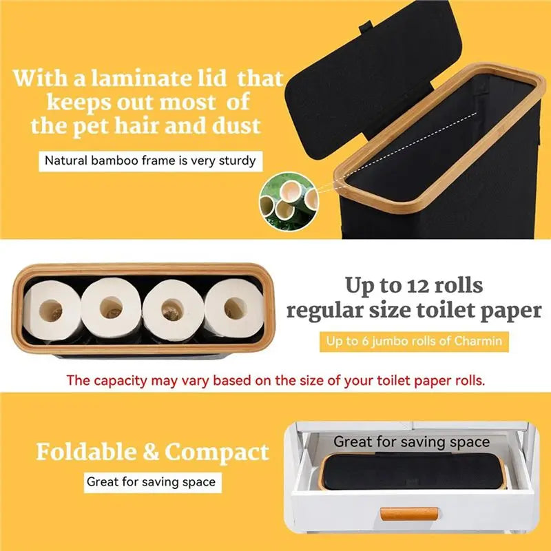 ABKW-2X Bamboo Toilet Paper Storage Toilet Paper Stand With Bamboo Lid For Restroom Closet Bathroom Black Vue