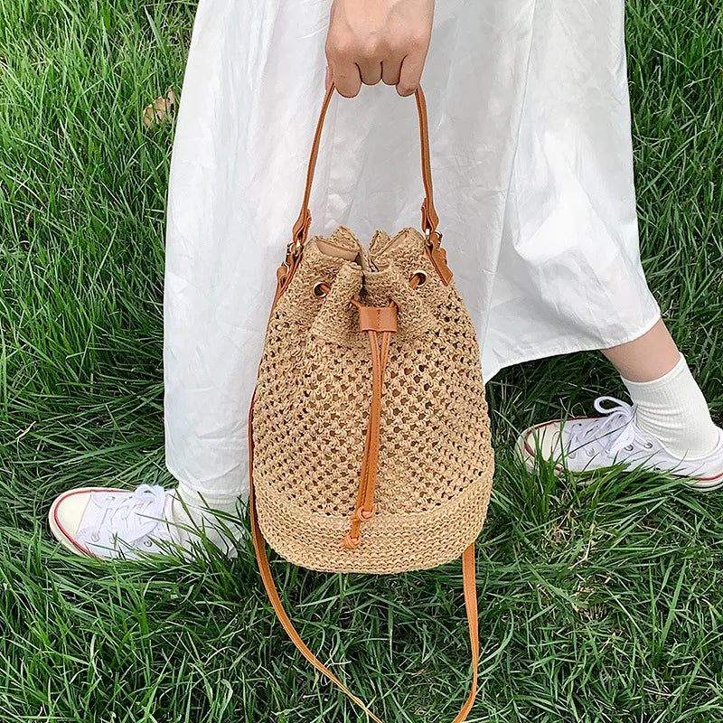 Woven Straw Bag Ladies Bucket Crossbody Summer Beach Retro Travel