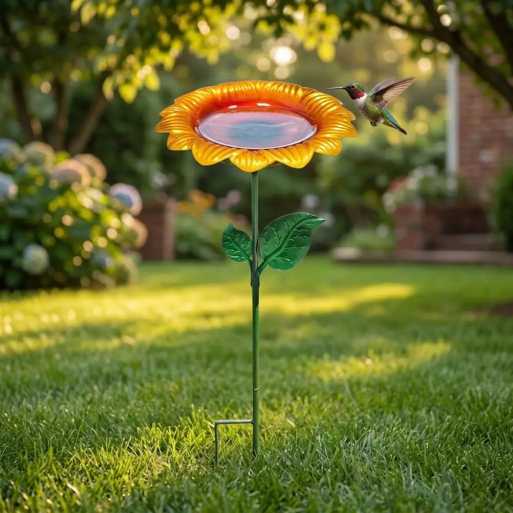 Water Feature Metal Bird Bath Sunflower Iron Art Bird Water Dispenser Outdoor Flower Garden Stake Courtyard Decor Vue