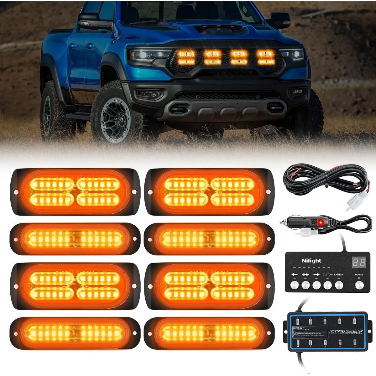 Nilight 8PCS LED Strobe Lights with Controller 12V 24V Sync Feature Amber LED Surface Mount Emergency Hazard Warning for Vehicle Vue