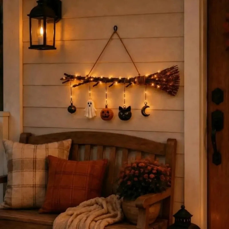 LED Halloween Front Door Decor, Rustic Witch Broom Sign with Pumpkin Ghost Cat Porch Wall Decoration Vue
