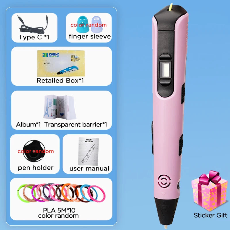 3D Pen Kids 40 Colors 1.75mm PLA Children 3D Printing Pen 0.7mm Diameter Material DIY Drawing Pen Boy Girl Birthday Gifts Vue Pink-50PLA