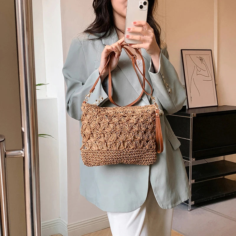 Summer Beach Women Straw Rattan Weave Shoulder Crossbody Bag Hollow