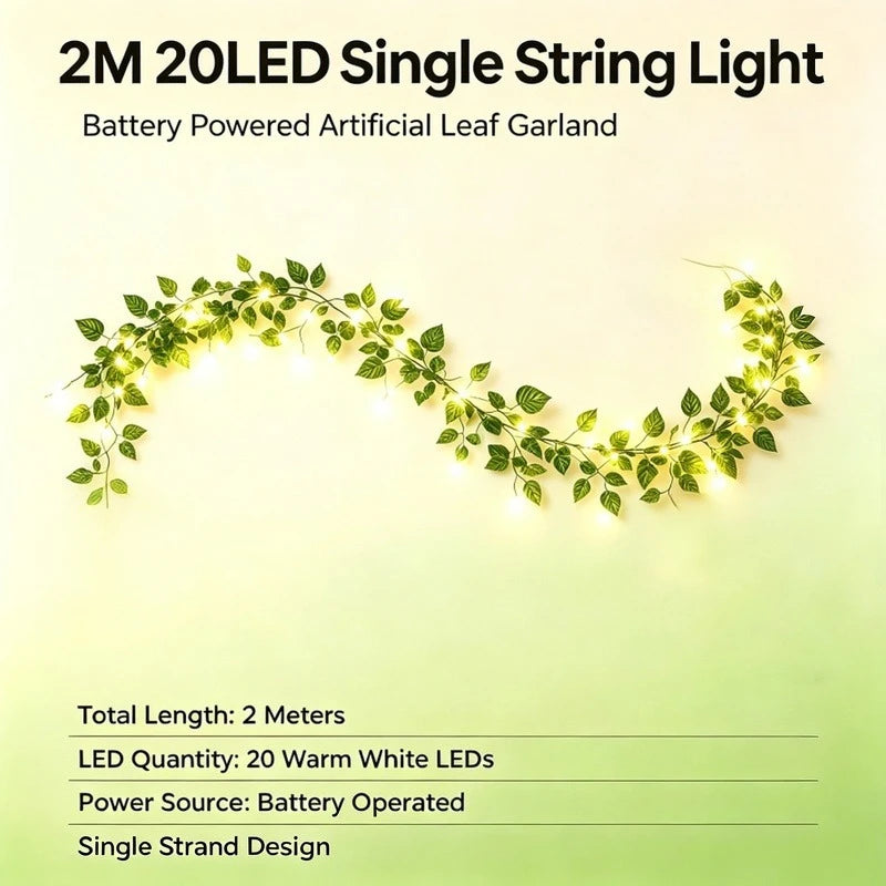 2M Artificial Leaf LED String Lights, 20 LED Battery Operated Flower Garland Fairy Lights for Party Garden Decor Vue green 2M 20LED