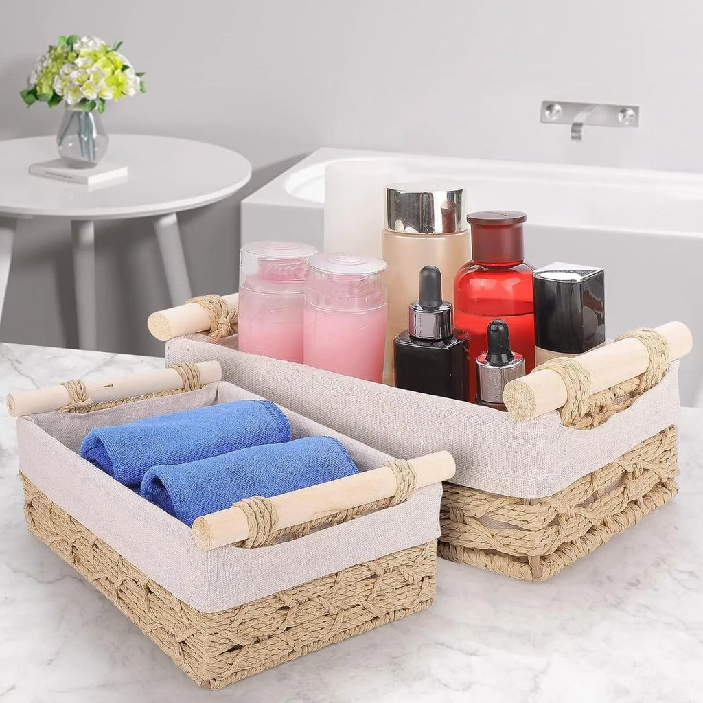 Storage Basket with Handles & Liners, Decorative Organizer Bin for Desktop Remote Control Keys, Countertop Tidy Tray for Home Vue