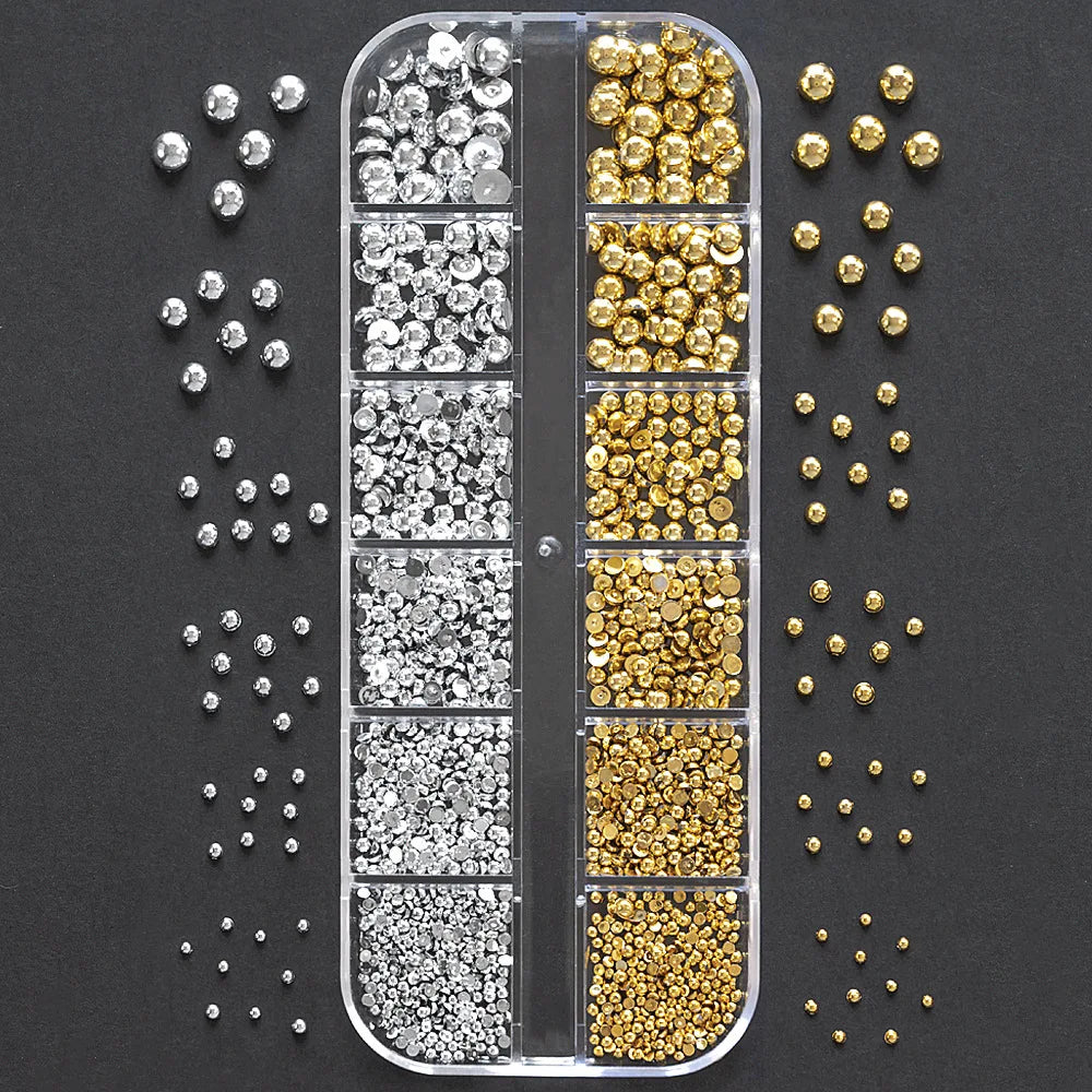 12Grid Box Nail Art Rhinestones Decoration 3D Caviar Beads Gold Silver Metal Nail Charms Jewelry Mix size Steel Nail Decor Vue