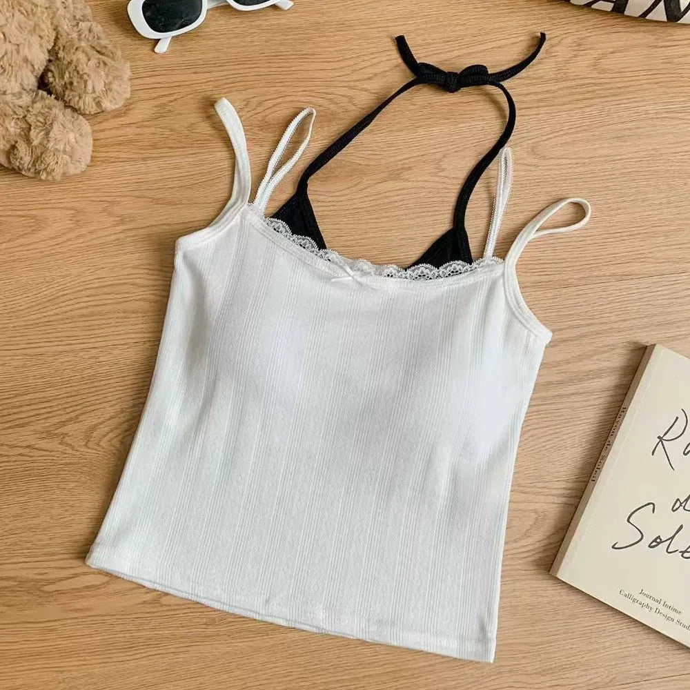 Sweet Sleeveless Lace Trim Camisole Slim Padded Cups Tie Back