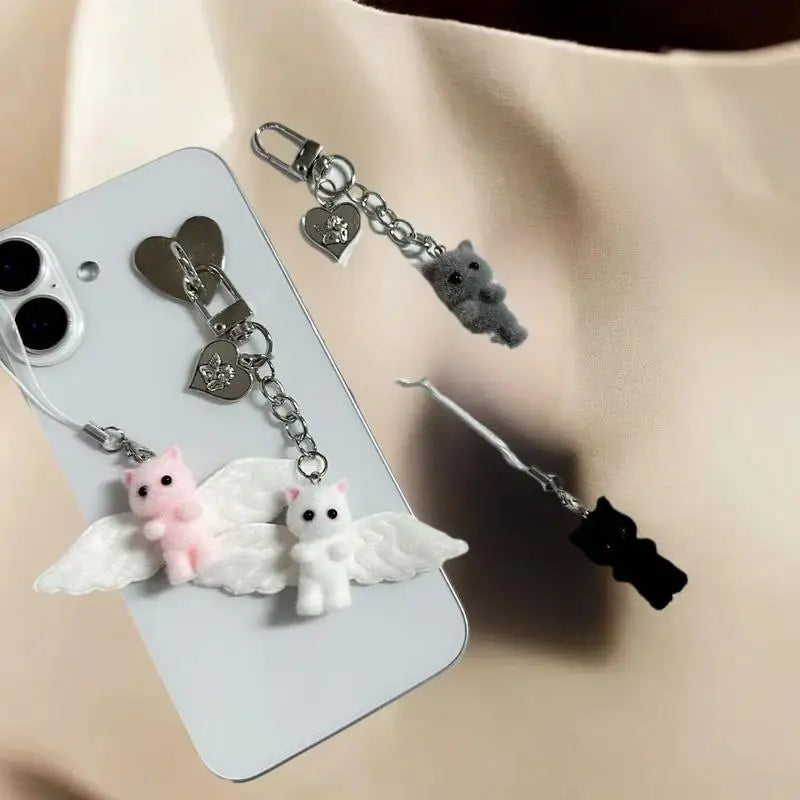 Cute Flocked Angel Wings Cat Keychain Kawaii Heart Phone Chain Anti-Lost Lanyard Bag Decor Gift Vue