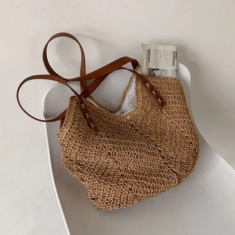 Summer Bucket Straw Bags Women Rattan Shoulder Bag Handmade Woven