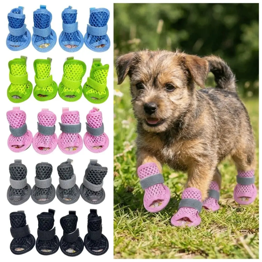 4Pcs/Set Non-Slip Su Dog Shoes Adjustable Soft Breathable Pet Sandals Soft Sole Comfortable Mesh Foot Covers Dogs Accessories Vue